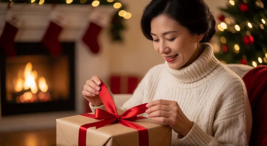 Mujer abriendo un regalo de Navidad envuelto con esmero en una atmósfera acogedora