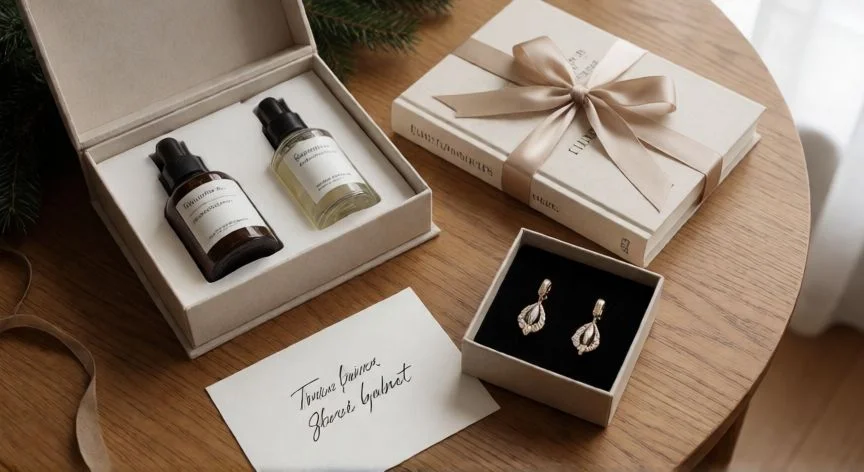 cual es el mejor regalo de navidad para una mujer, Selección de regalos elegantes y personalizados dispuestos en una mesa de madera con luz natural