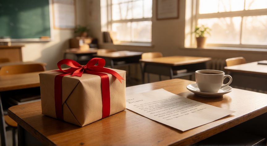 Regalo de navidad para profesora con carta manuscrita en el escritorio