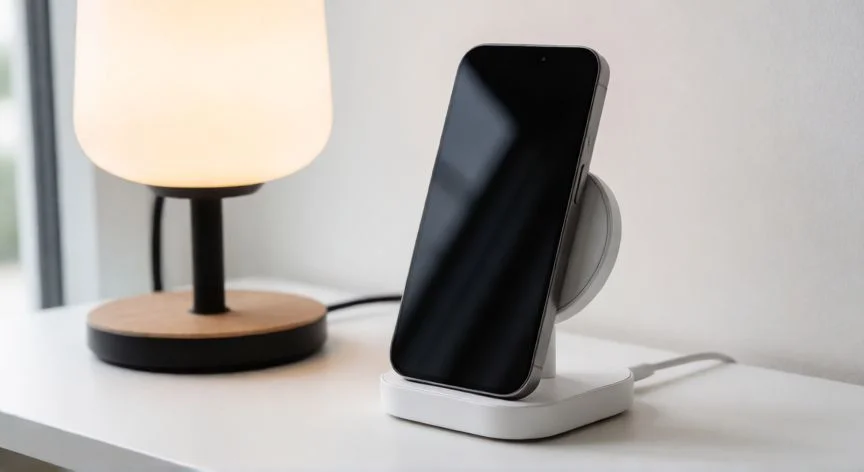 Soporte de carga magnética y lámpara de mesa modernos en escritorio