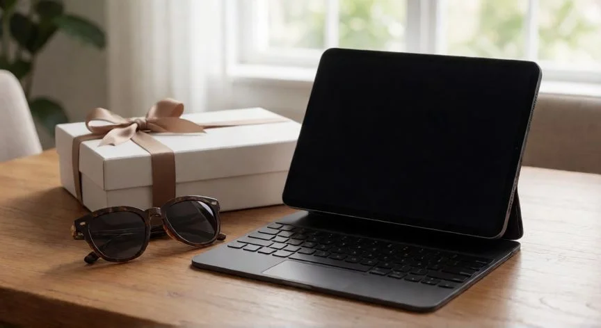 cual es el mejor regalo de tiktok, Mesa de madera con una caja de regalo abierta mostrando tecnología y accesorios de moda para influencers