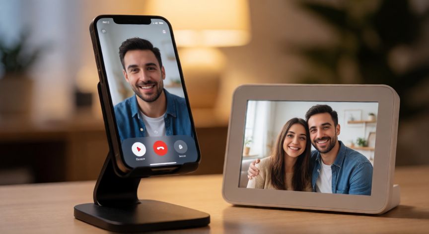 Configuración de escritorio con soporte para móvil y marco digital para videollamadas