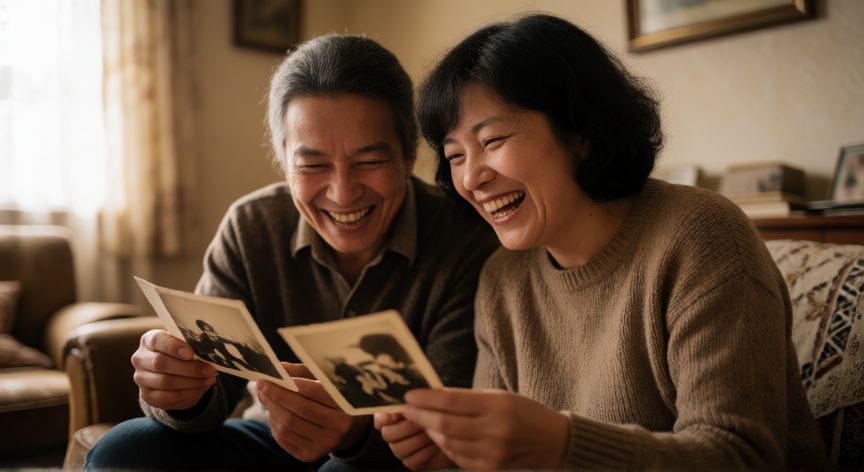 Pareja compartiendo recuerdos fotografiados en ambiente cálido e íntimo