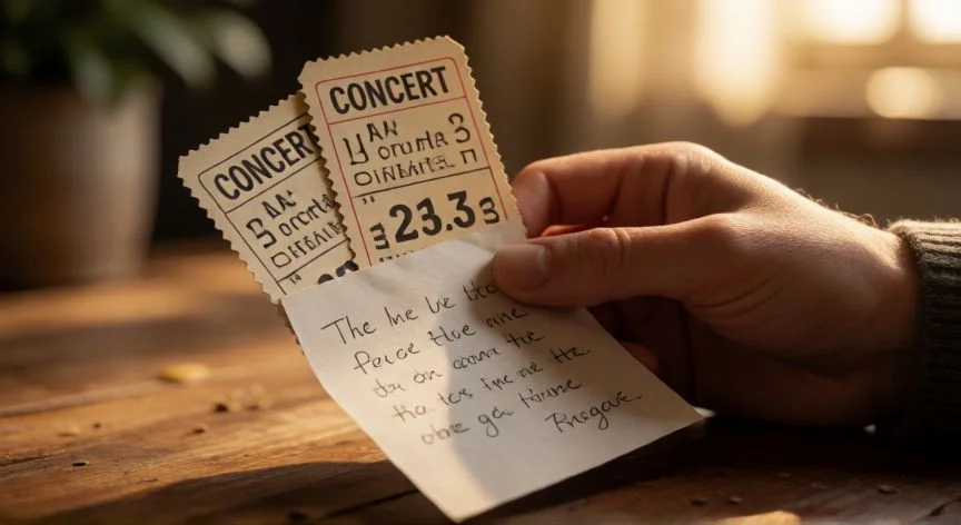 cuál es el mejor regalo del mundo, Manos sosteniendo entradas de concierto y una nota manuscrita sobre mesa de madera