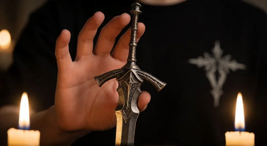 cual es el mejor regalo en dark souls, Mano sosteniendo una réplica de la Gran Espada de Gwyn con fondo cálido