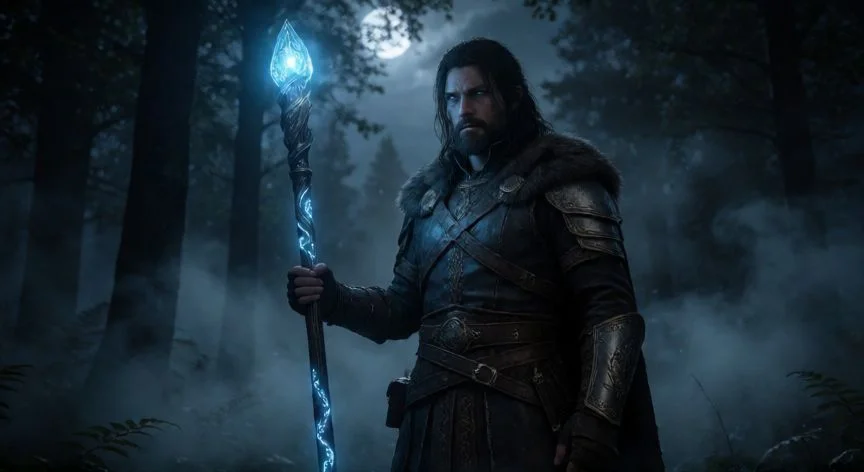 Mago con la Vara de Hommilet brillando en un bosque oscuro de Dark Souls