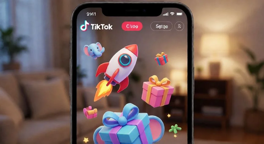 Pantalla de móvil mostrando regalos virtuales animados en una transmisión de TikTok