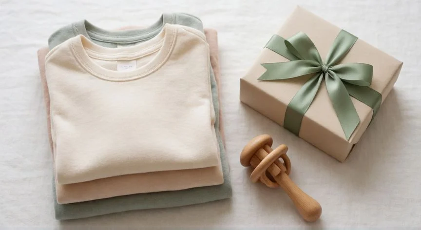 Regalos útiles y ropa de bebé dispuestos en una composición plana elegante
