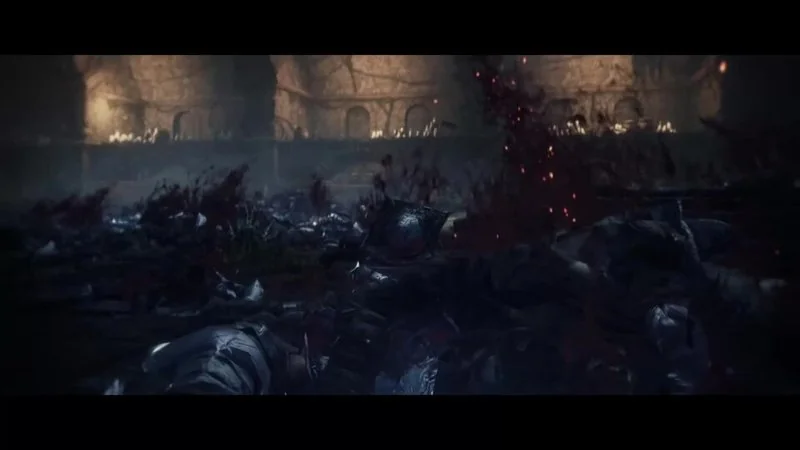 Escena de batalla con cadáveres de caballeros y brasas en Dark Souls 3