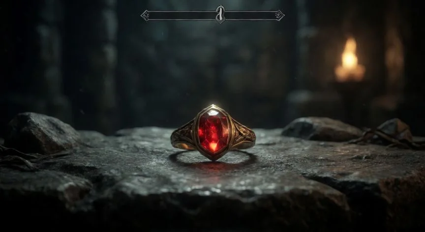 Anillo de salud dorado brillando en un altar de piedra oscura estilo Demon's Souls