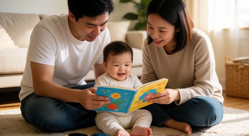 cual es el mejor regalo para bebe, Padres leyendo un libro de cartón interactivo a su bebé en el suelo