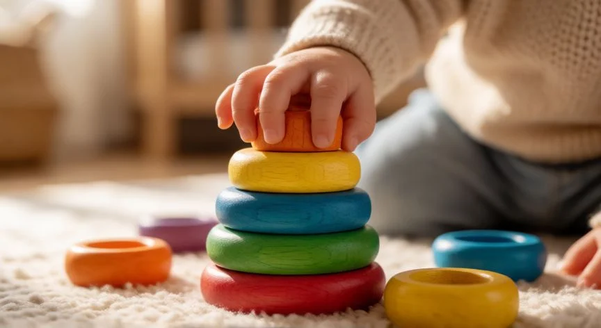 Juguetes de madera para apilar ideales para bebé de un año desarrollando motricidad fina