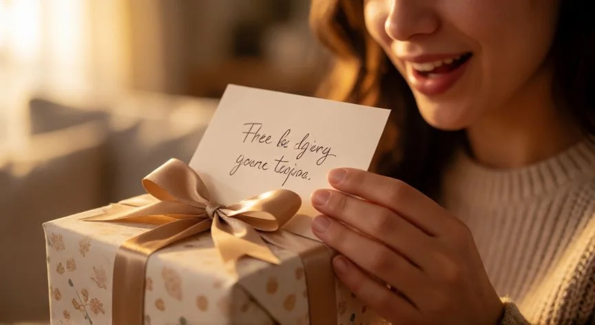 Mujer recibiendo un regalo personalizado con nota manuscrita en ambiente romántico