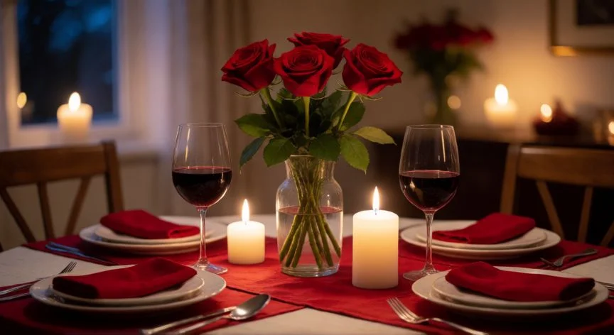 cual es el mejor regalo para el 14 de febrero, Mesa de cena romántica preparada para San Valentín con velas y rosas