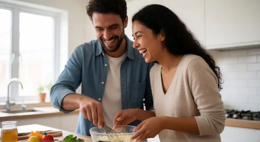 cual es el mejor regalo para el 14 de febrero, Pareja disfrutando de una clase de cocina en pareja con alegría