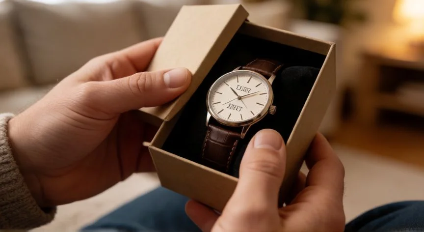 cuál es el mejor regalo para el día del padre, Manos abriendo una caja de regalo con un reloj personalizado