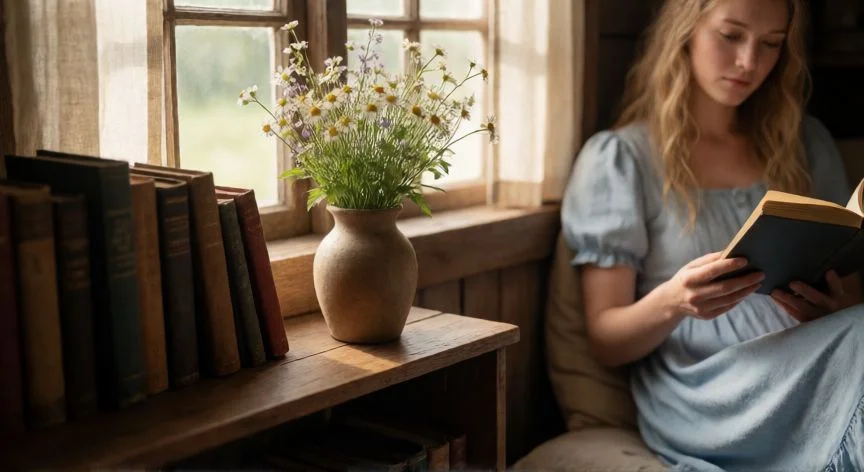 Emily leyendo un libro en una habitación acogedora con flores silvestres