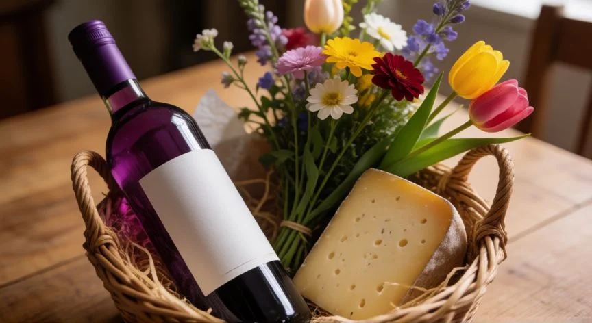cual es el mejor regalo para emily stardew valley, Cesta de regalo con vino de uva, queso premium y flores silvestres para Emily