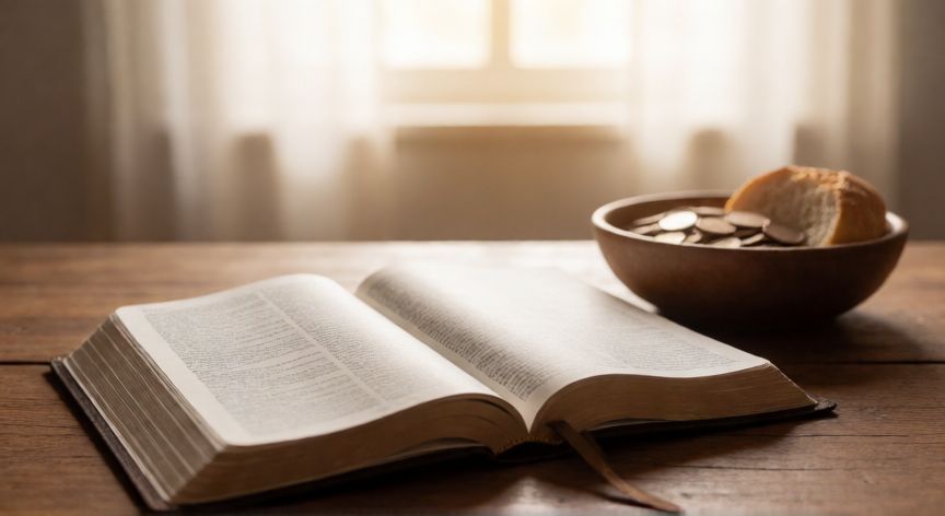 Biblia abierta y ofrenda de caridad sobre una mesa de madera