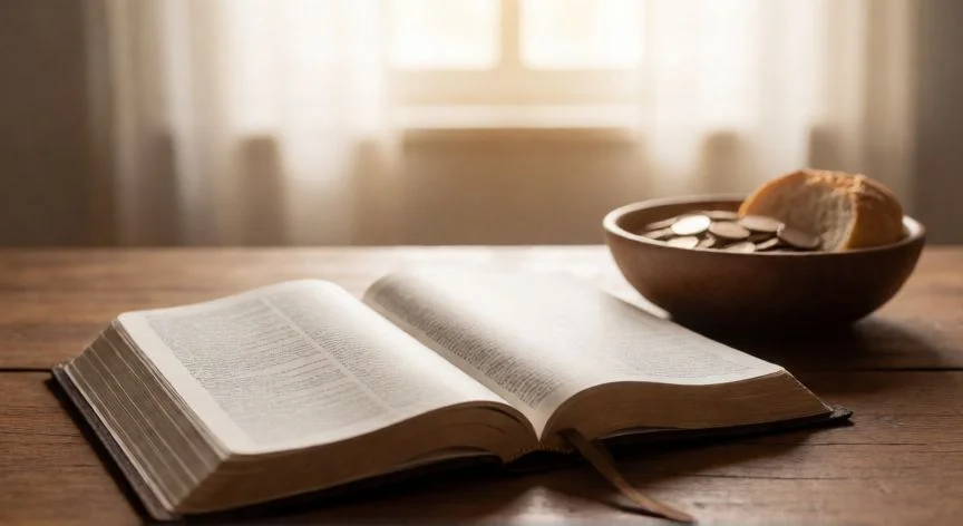 Biblia abierta y ofrenda de caridad sobre una mesa de madera