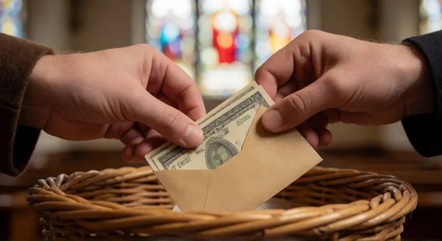cual es el mejor regalo para jesus, Manos haciendo una donación en una canasta de la iglesia