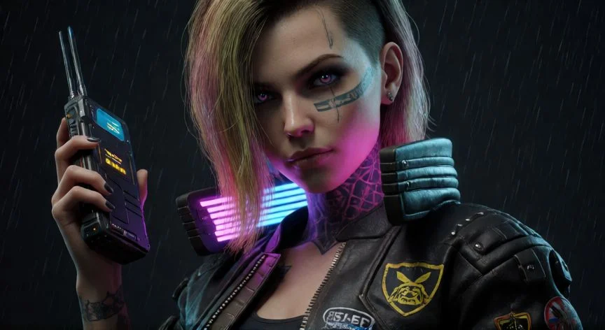 cual es el mejor regalo para judy cyberpunk, Retrato artístico de Judy Álvarez con estética ciberpunk y luces neón