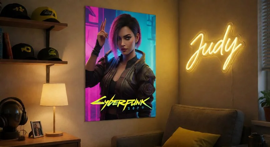 cual es el mejor regalo para judy cyberpunk, Habitación decorada con merchandising de Cyberpunk 2077 y neones