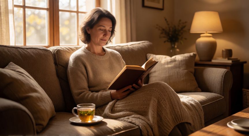 Mujer relajándose en el hogar tomando té