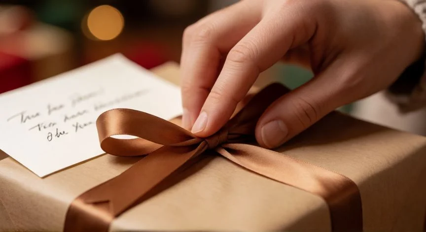 cuál es el mejor regalo para la mamá, Manos empaquetando un regalo con tarjeta escrita a mano