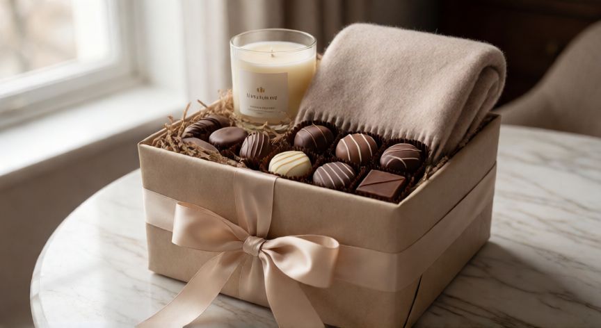 Cesta de regalo elegante con productos de lujo para suegra sobre mesa de mármol