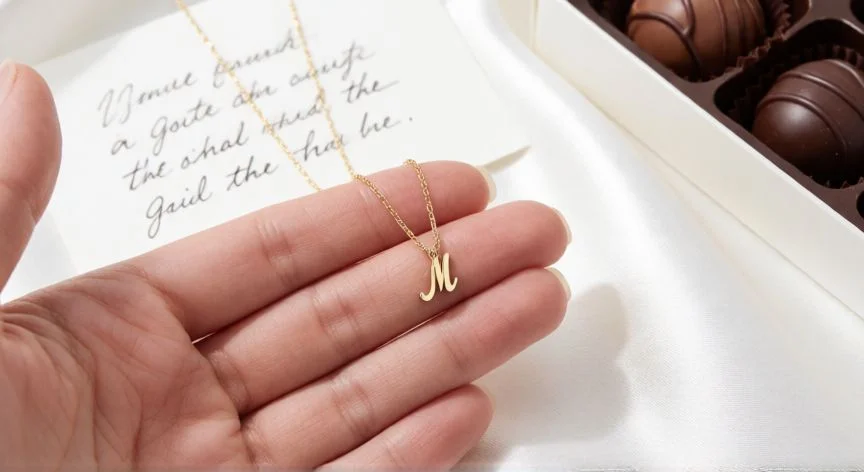 cual es el mejor regalo para la suegra, Collar de oro personalizado con inicial y tarjeta escrita a mano sobre seda blanca