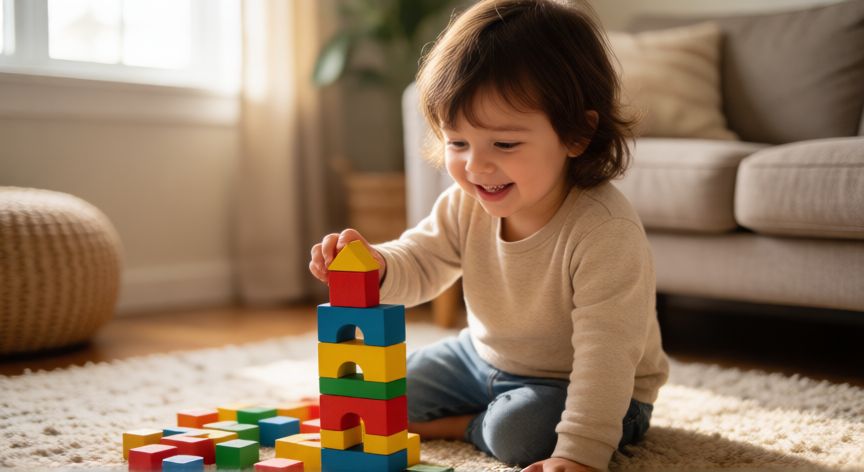 Niño feliz jugando con bloques de construcción de madera en casa