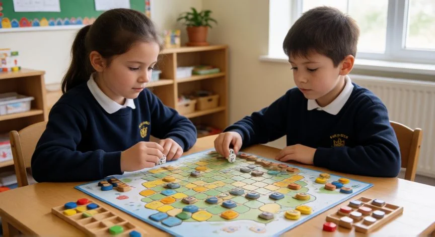 cuál es el mejor regalo para los niños, Niños jugando a juegos de mesa educativos que fomentan la estrategia