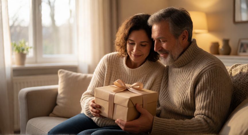 Pareja de padres sonriendo mientras reciben un regalo envuelto en una sala acogedora