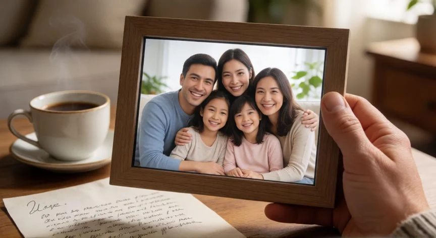 cual es el mejor regalo para los padres, Manos sosteniendo un marco digital con fotos familiares junto a una carta escrita a mano
