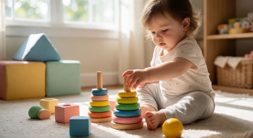 Niña de un año jugando con bloques de madera y anillos de apilar en una habitación luminosa