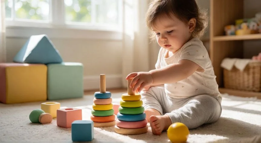 Niña de un año jugando con bloques de madera y anillos de apilar en una habitación luminosa
