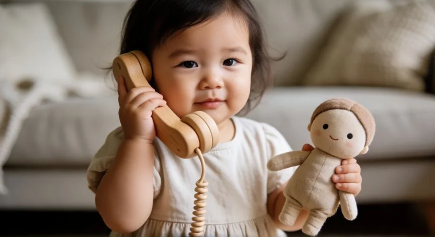 cual es el mejor regalo para niña de 1 año, Niña pequeña sosteniendo un teléfono de juguete de madera y un peluche suave