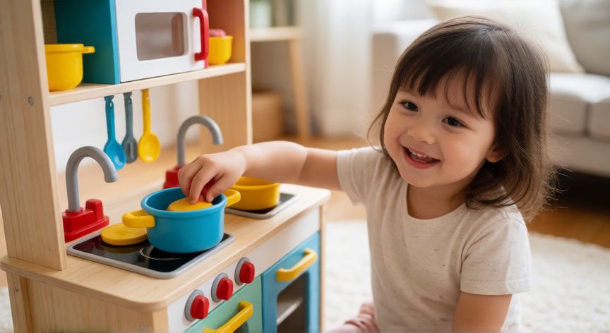 Niña de dos años jugando con una cocinita de juguete educativa y colorida