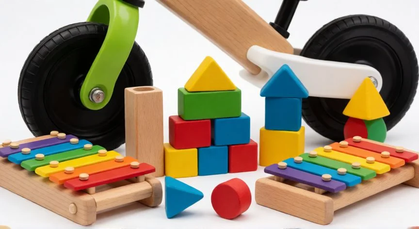cual es el mejor regalo para niña de 2 años, Colección de juguetes educativos y de movimiento para niños de dos años sobre fondo blanco
