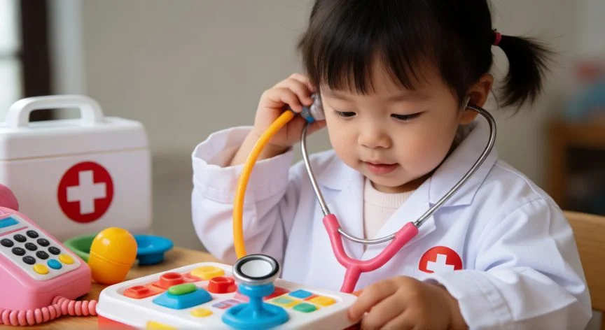 cual es el mejor regalo para niña de 3 años, Pequeña jugando a la doctora con un estetoscopio de juguete