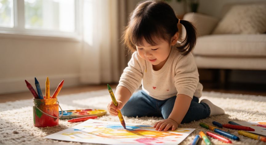 Niña de cuatro años pintando con creatividad y alegría