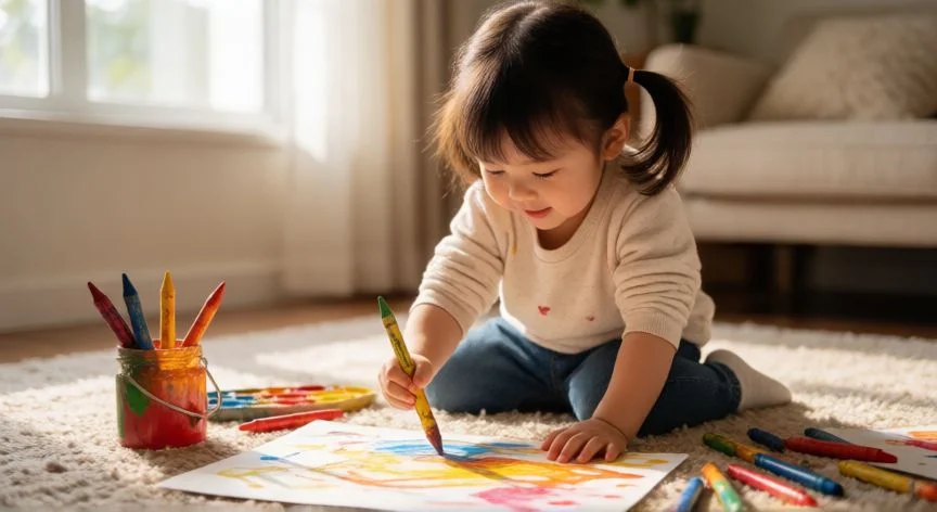 Niña de cuatro años pintando con creatividad y alegría