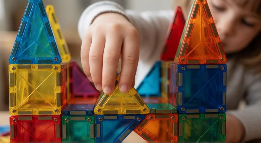 cual es el mejor regalo para niña de 4 años, Manos de niña construyendo una torre con piezas magnéticas