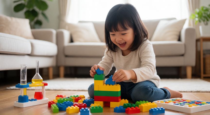 Niña de cinco años jugando con bloques de construcción y juegos educativos en casa