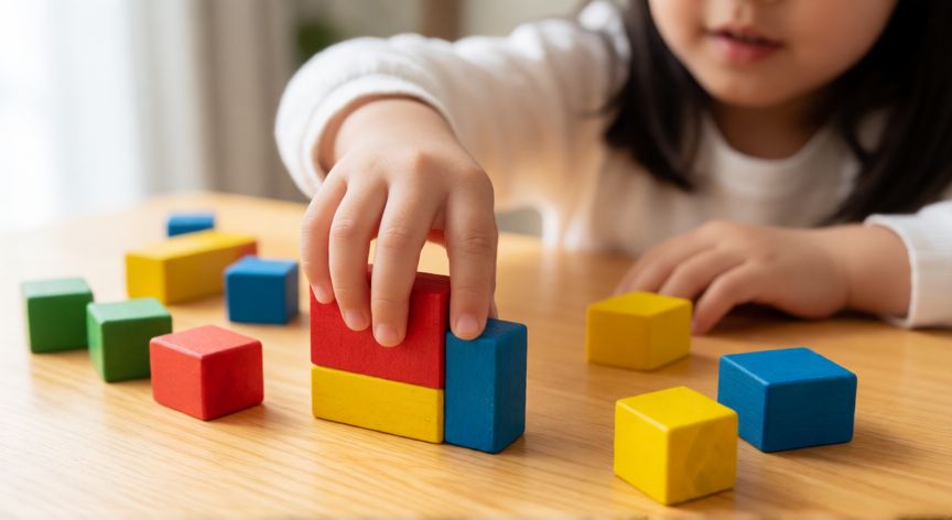 Niña de seis años construyendo con bloques de ingeniería de madera
