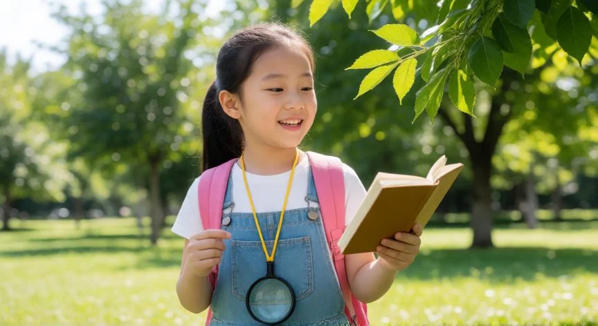 cual es el mejor regalo para niña de 6 años, Niña explorando la naturaleza con lupa y guía de campo en el parque