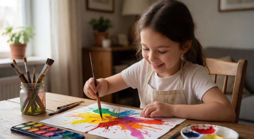 Niña de siete años creando arte con acuarelas y pinturas coloridas