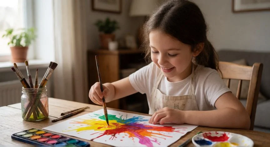 Niña de siete años creando arte con acuarelas y pinturas coloridas