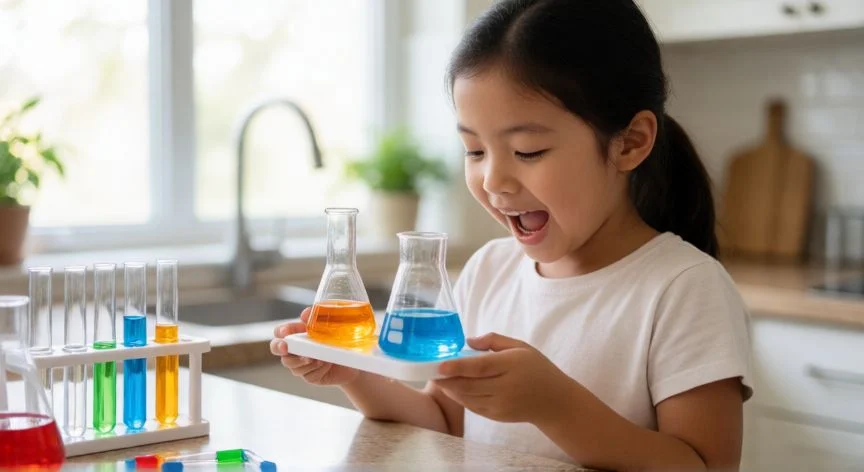 cual es el mejor regalo para niña de 7 años, Niña realizando un experimento de ciencia casero con material didáctico